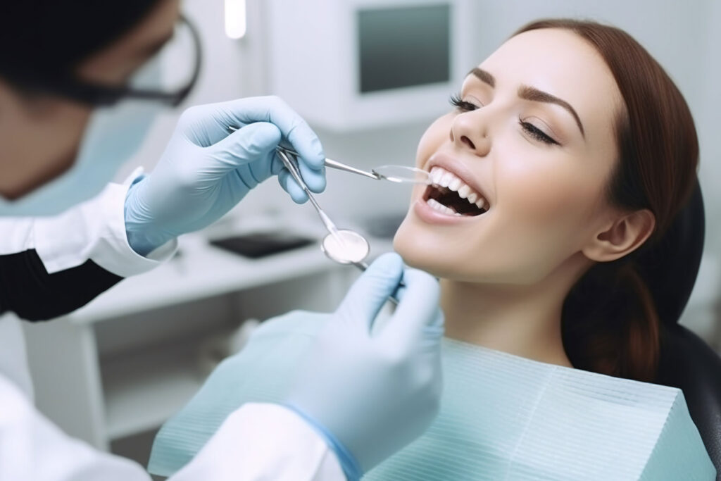 woman patient sits in a dental exam chair with mouth open while her dentists assists with her new ceramic teeth